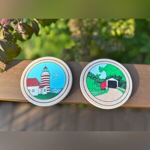 Set of Two Coasters; covered bridge/lighthouse